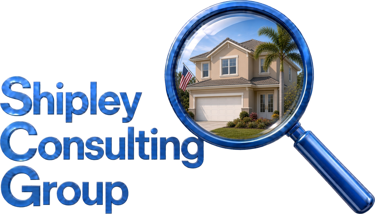 Shipley Consulting Group, LLC logo: a magnifying glass over a house